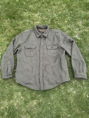 J Crew Brushed Wool Overshirt Shirt Jacket Mens XL Olive Green Herringbone